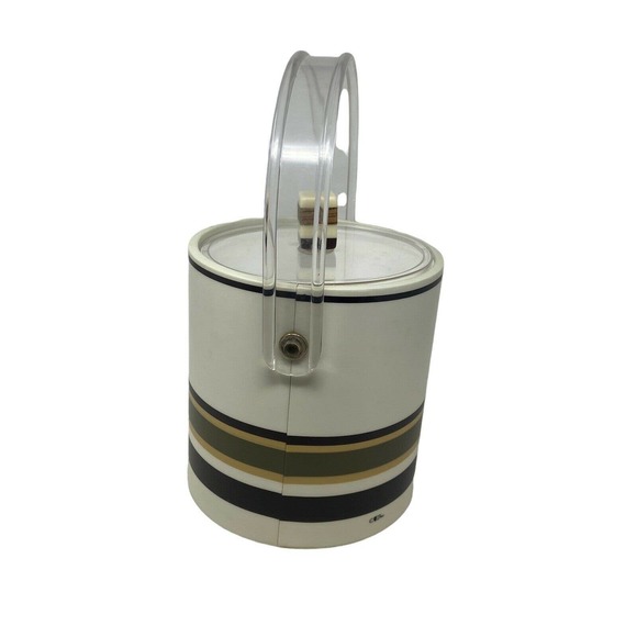 Cera Vintage MCM Striped Cream/Brown Plastic Ice Bucket w/ Lucite Handle - Picture 4 of 7